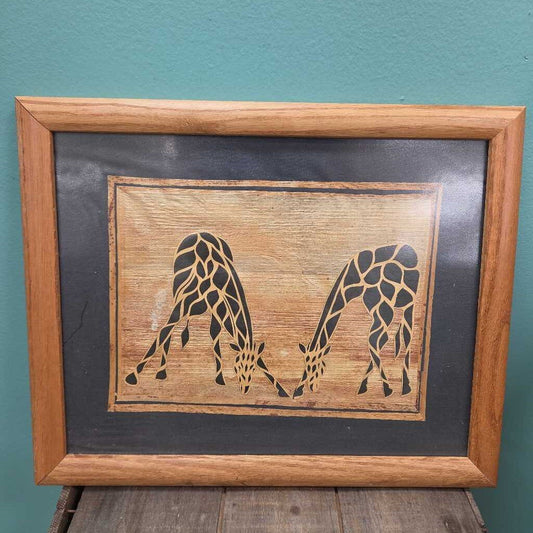 Framed African Giraffe Mixed Media Art