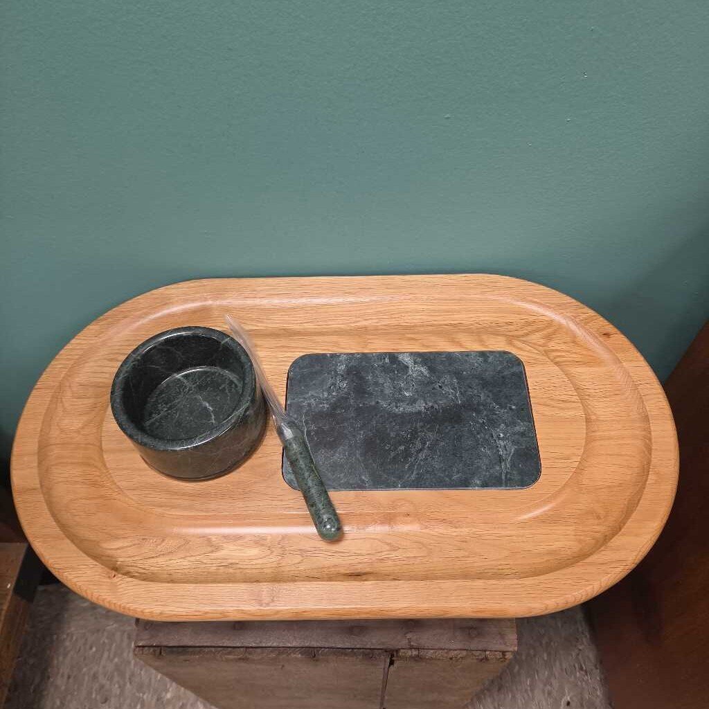 Lipper International Oak and Green Marble Deluxe Oval Server w/Cheese Knife NEW