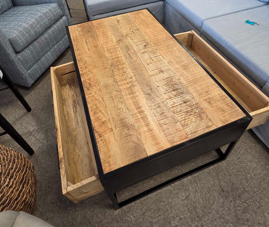 Solid Wood 2-Drawer Industrial Coffee Table with Black Metal Frame