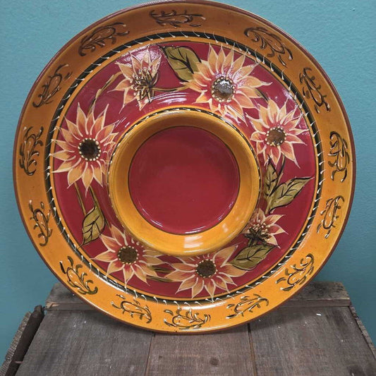 Pier 1 Imports Sunflower Hand Painted Terracotta Chip & Dip Serving Dish