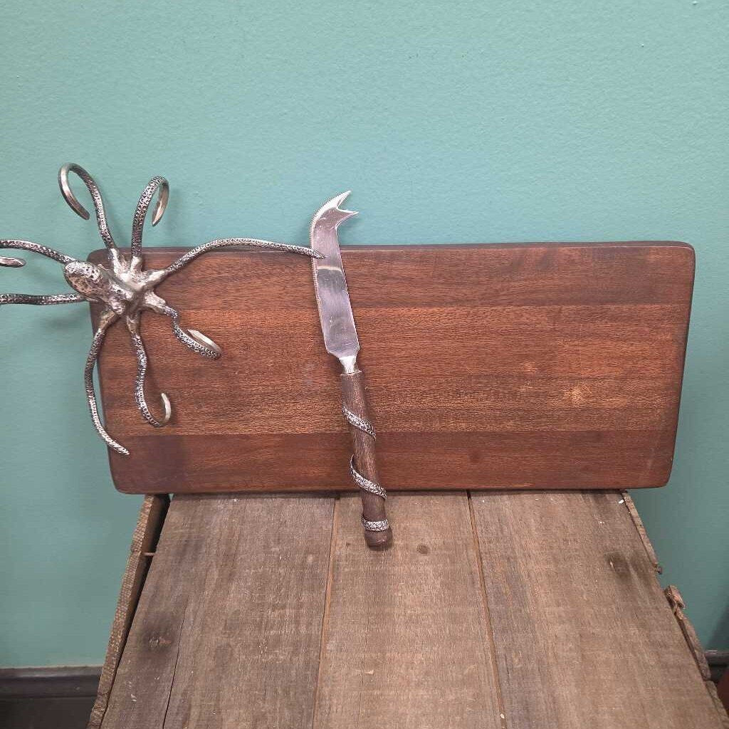 Solid Wood Cheese Board with Metal Octopus Ornament and Matching Cheese Knife