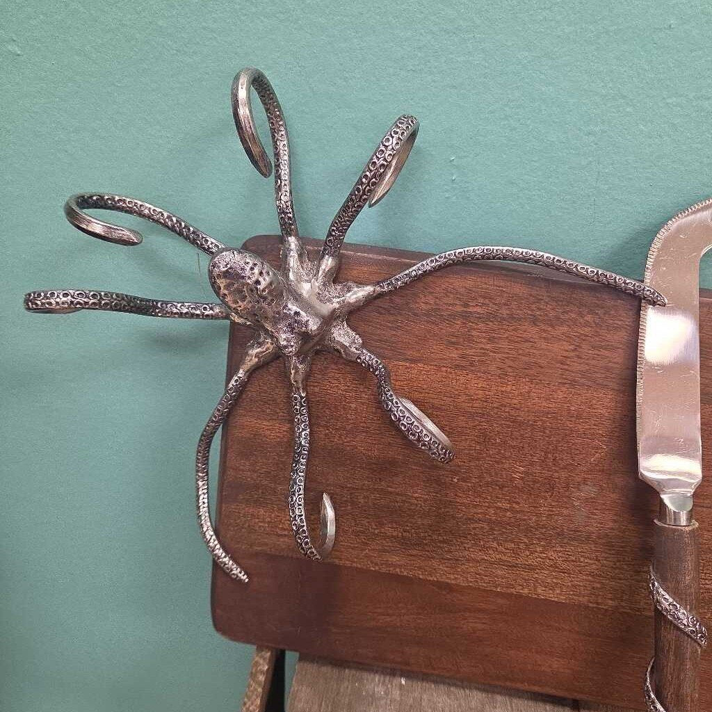 Solid Wood Cheese Board with Metal Octopus Ornament and Matching Cheese Knife