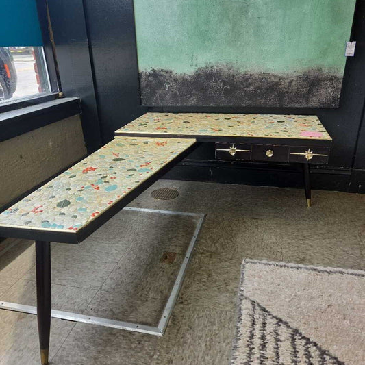 Mid-Century Boomerang Tile Top Coffee Table with Single Drawer and Brass Accents