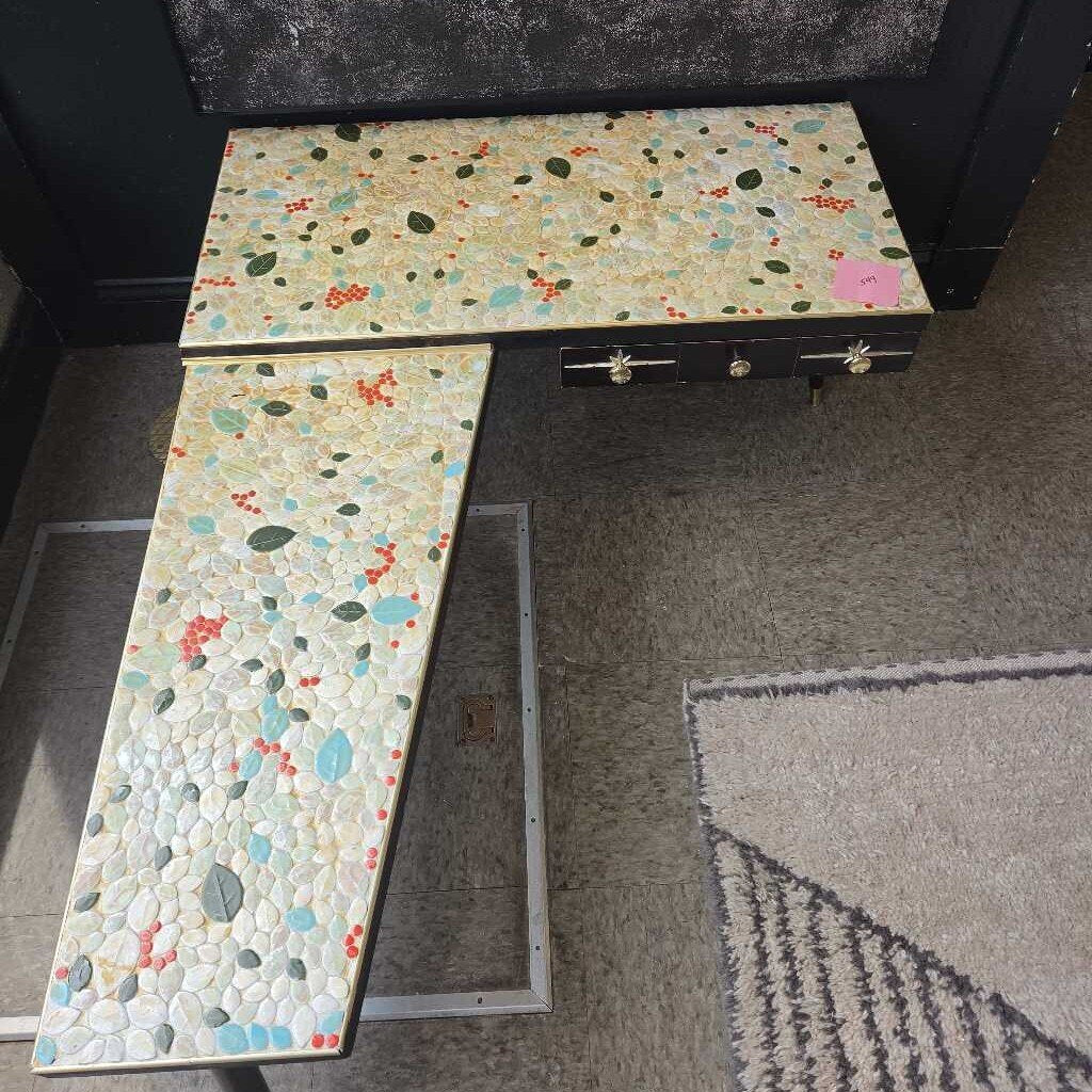 Mid-Century Boomerang Tile Top Coffee Table with Single Drawer and Brass Accents