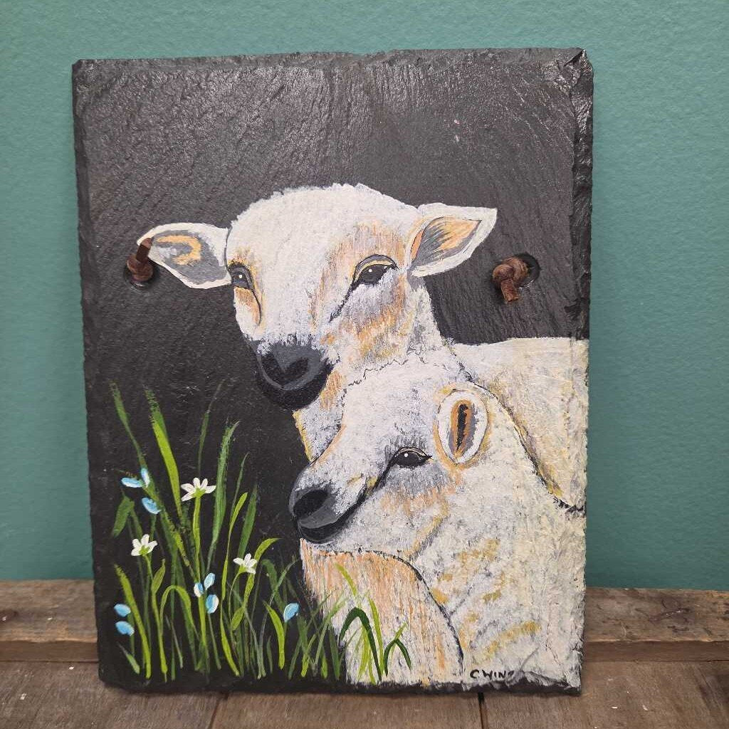 Hand Painted Slate Wall Decor with Lambs