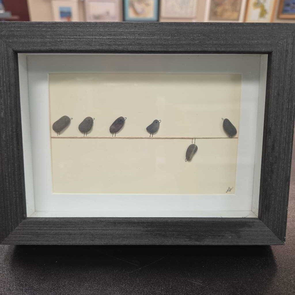 Pebble Art Birds on Wire in Box Frame - Made in Maine