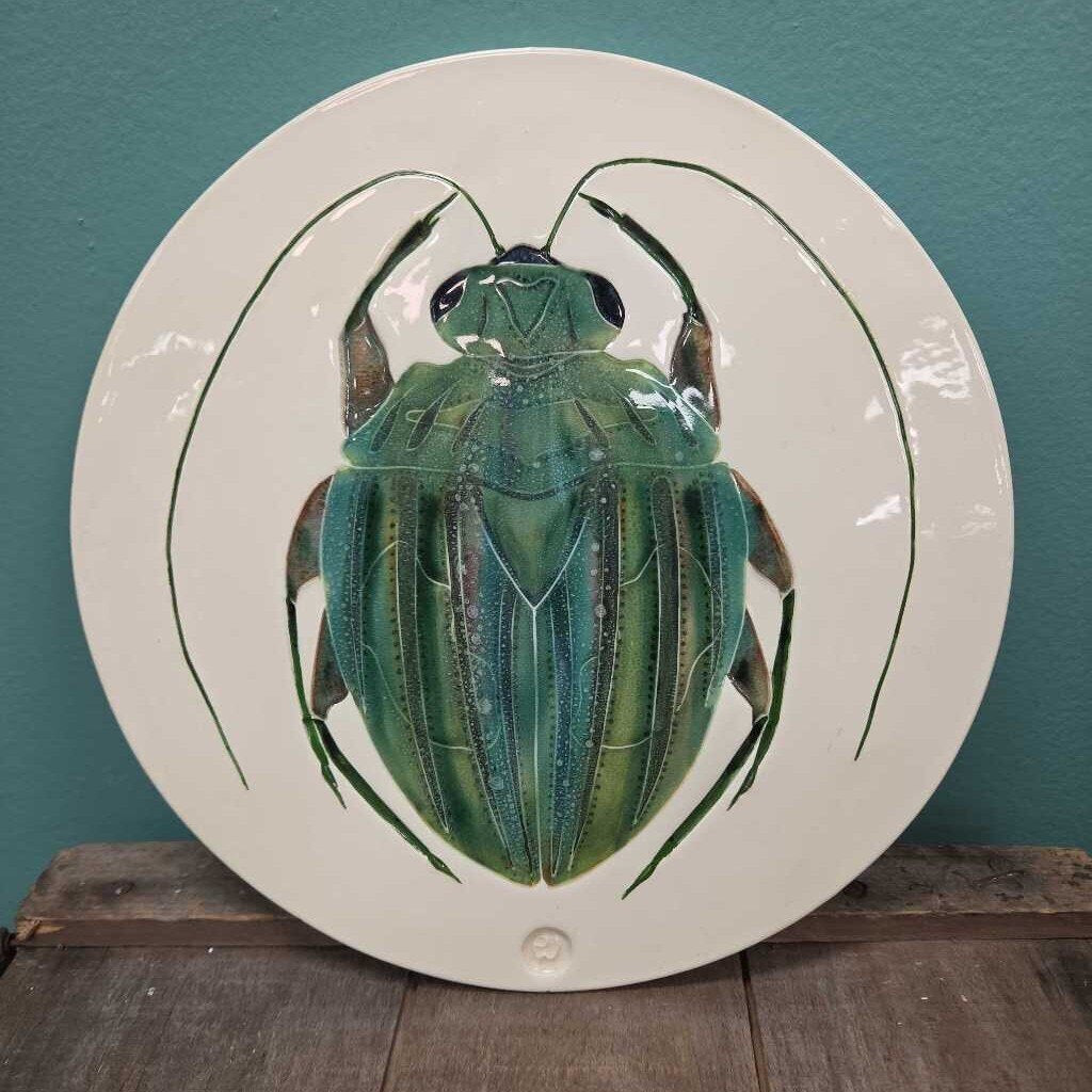 Large Ceramic Coaster with Hand Painted Beetle Design