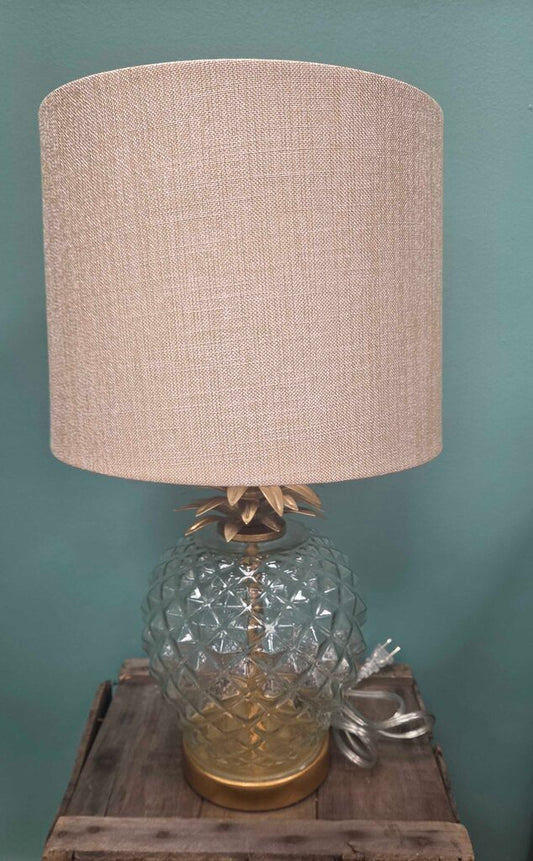 Glass Pineapple Table Lamp with Brass Accents and Linen Shade