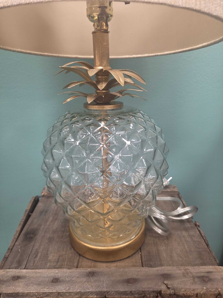 Glass Pineapple Table Lamp with Brass Accents and Linen Shade