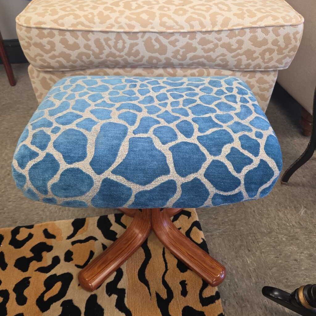 MCM Animal Print Velvet Upholstered Foot Stool with Teak Base