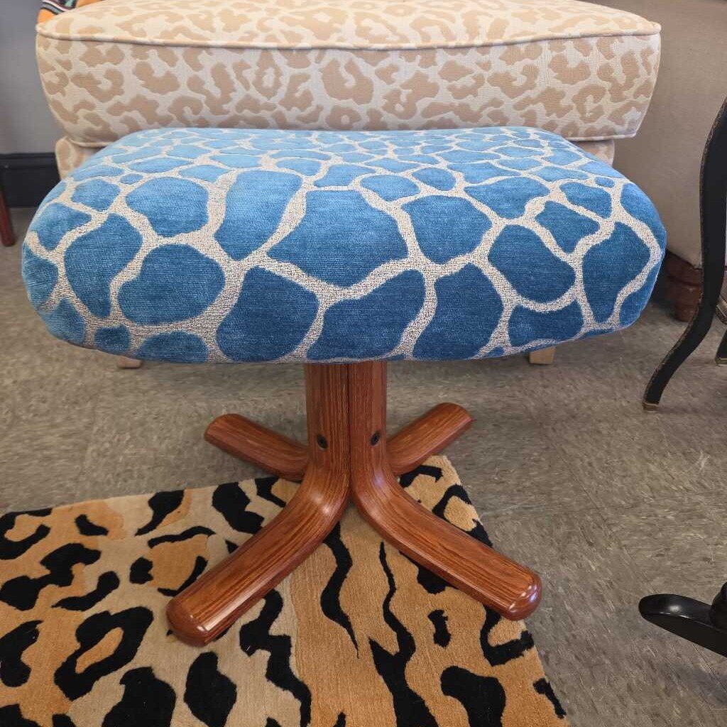 MCM Animal Print Velvet Upholstered Foot Stool with Teak Base