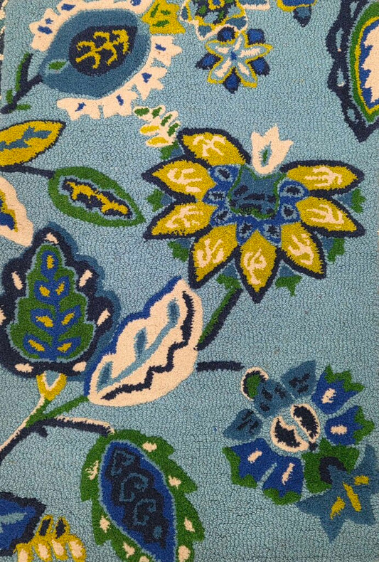 Blue and Green Floral 100% Wool Hand Tufted Area Rug