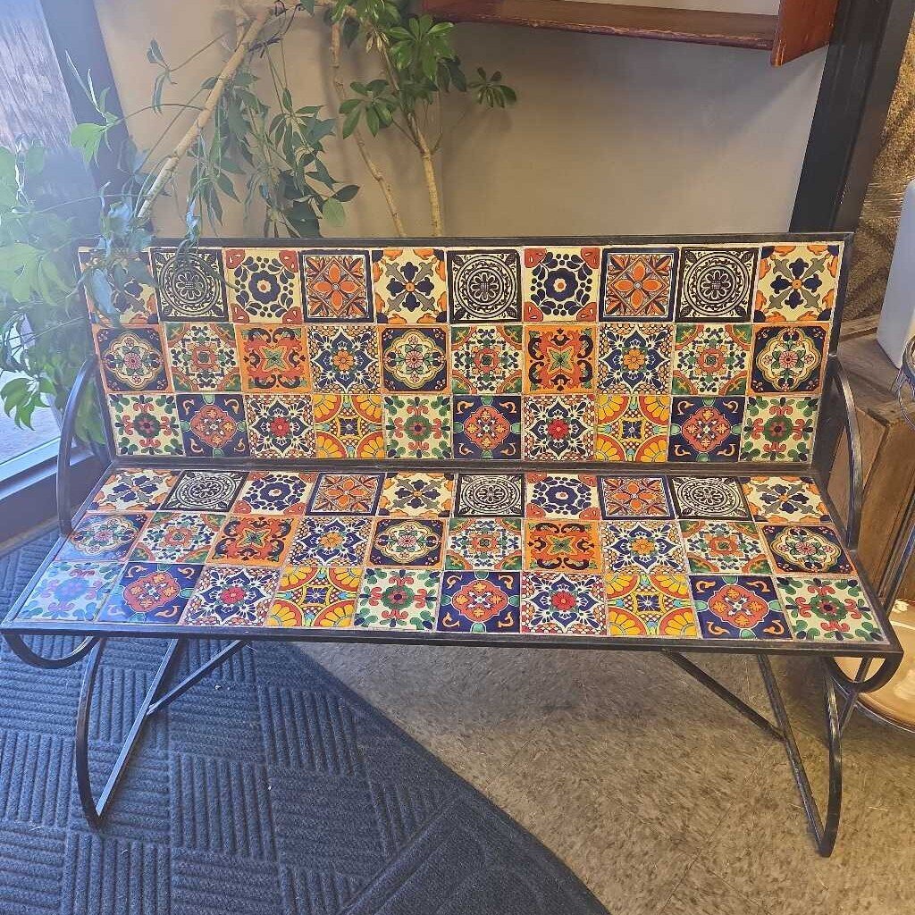Wrought Iron Garden Bench with Talavera Style Ceramic Tile Inlay