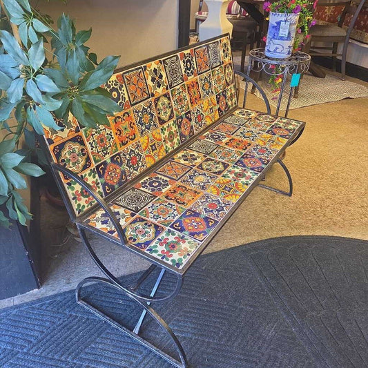 Wrought Iron Garden Bench with Talavera Style Ceramic Tile Inlay