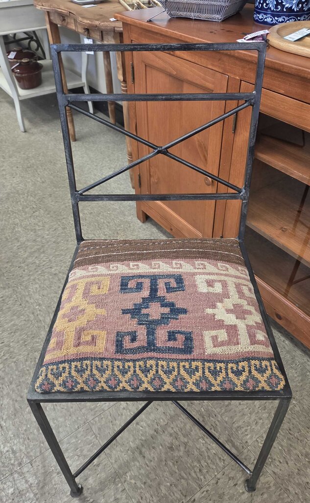 Wrought Iron Dining Chair with Kilim Style Upholstered Seat