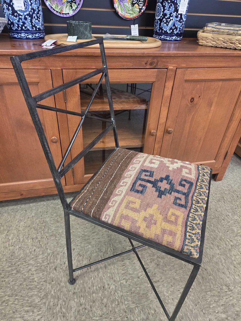 Wrought Iron Dining Chair with Kilim Style Upholstered Seat
