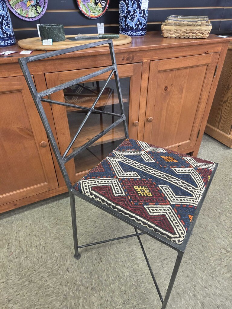 Wrought Iron Dining Chair with Kilim Style Upholstered Seat