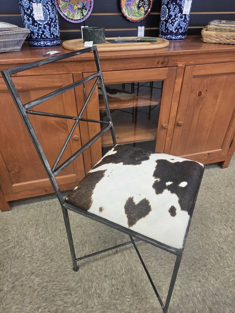 Wrought Iron Dining Chair with Cowhide Style Upholstered Seat