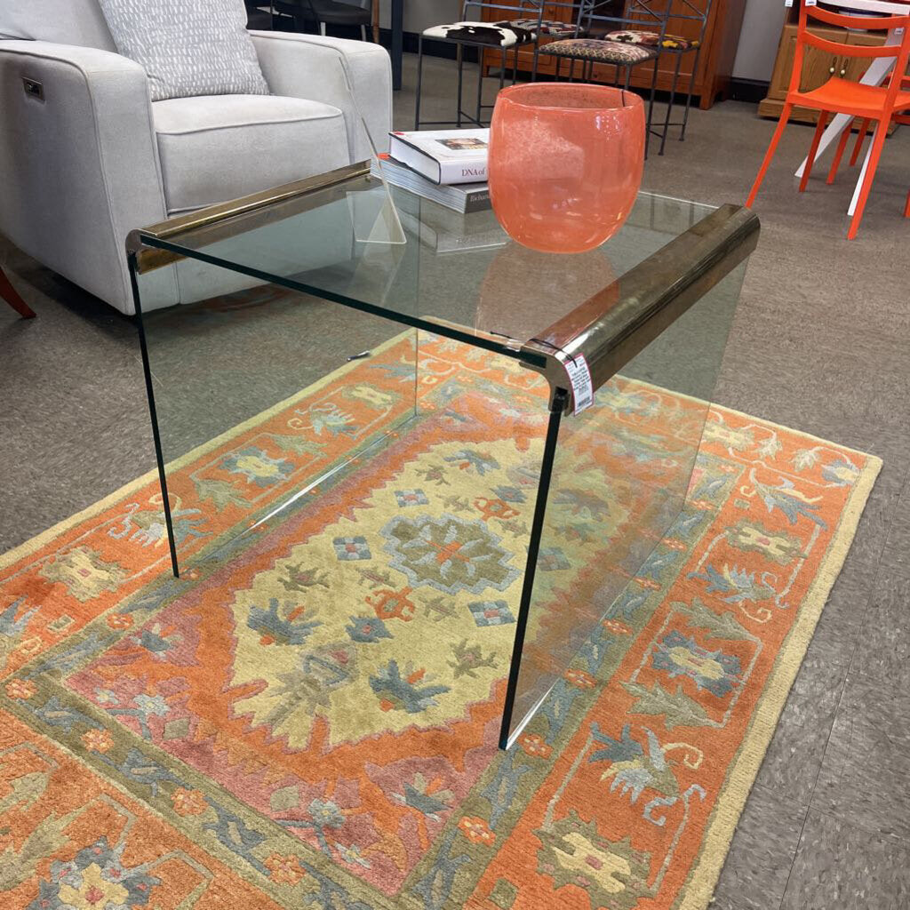 Mid-Century Modern Waterfall Glass Coffee Table with Brass Accents