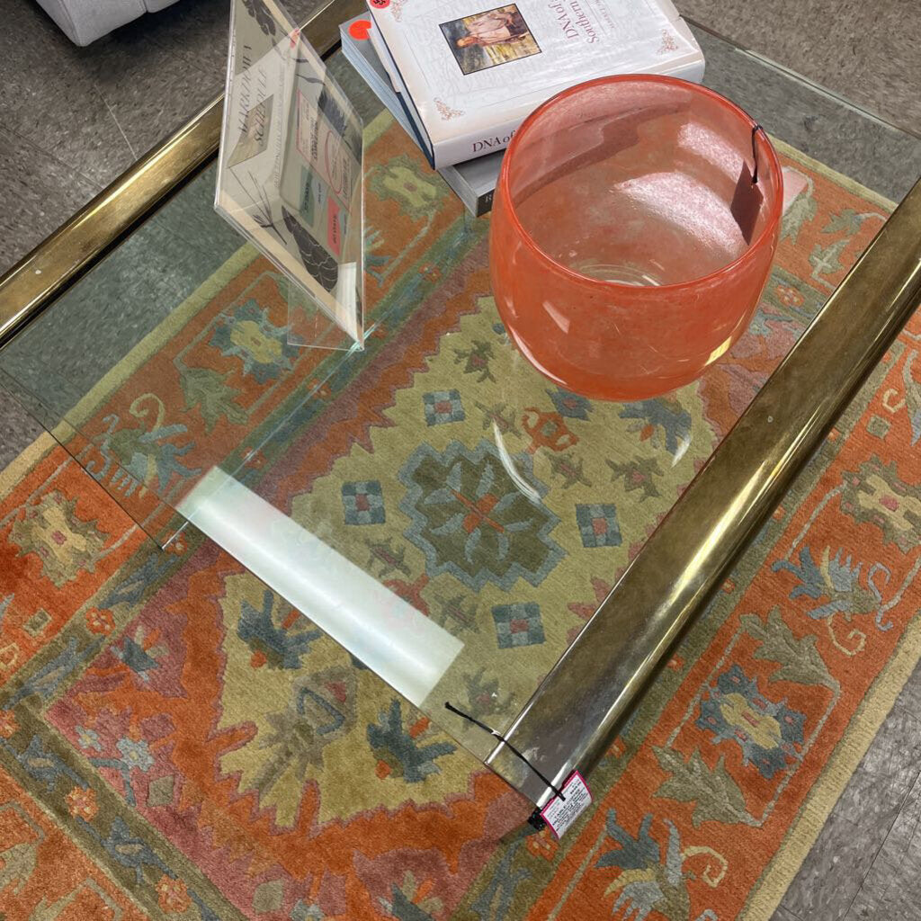 Mid-Century Modern Waterfall Glass Coffee Table with Brass Accents