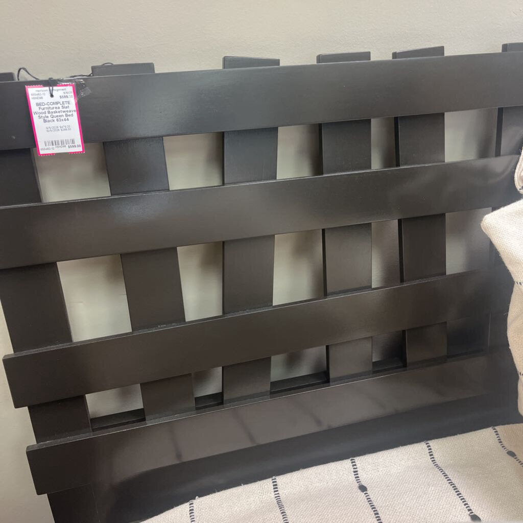 Furniturea Slat Wood Basketweave Style Queen Bed