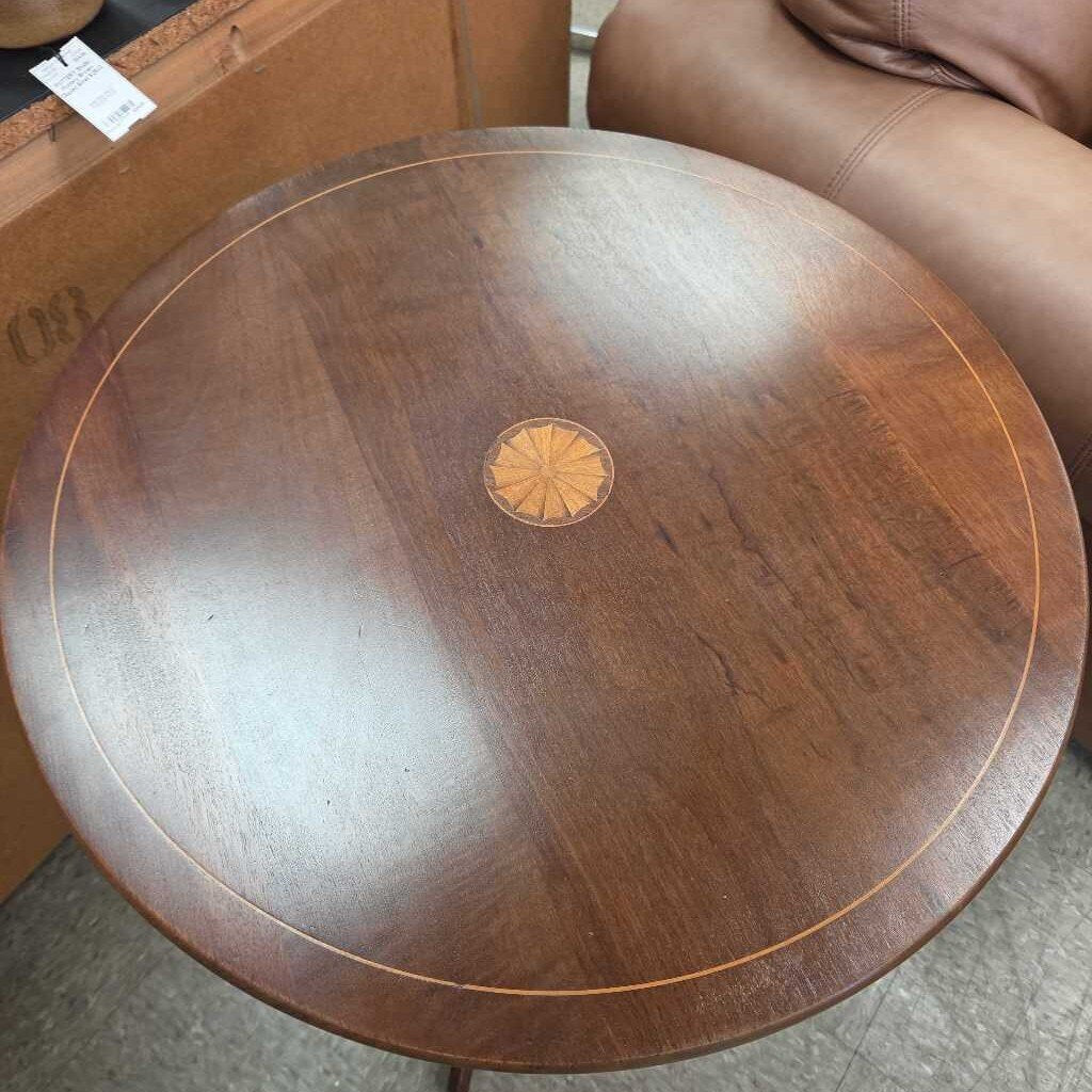 Mahogany Tripod Side Table with Inlaid Starburst Medallion