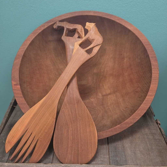 "The Bowl Mill" Walnut Salad Bowl and Hand Carved Serving Tongs - Made in Vermont