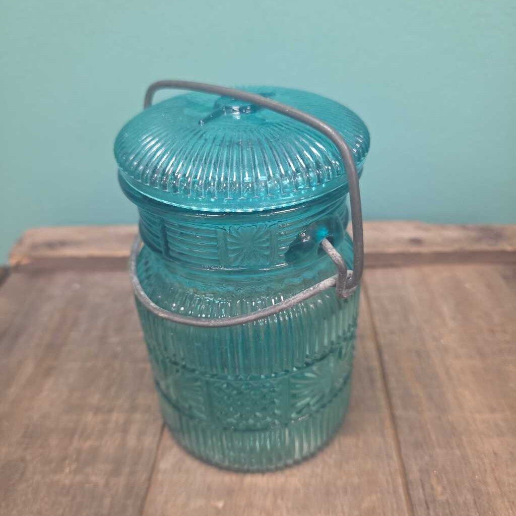 Avon Aqua Blue Glass Canning Jar with Wire Handle