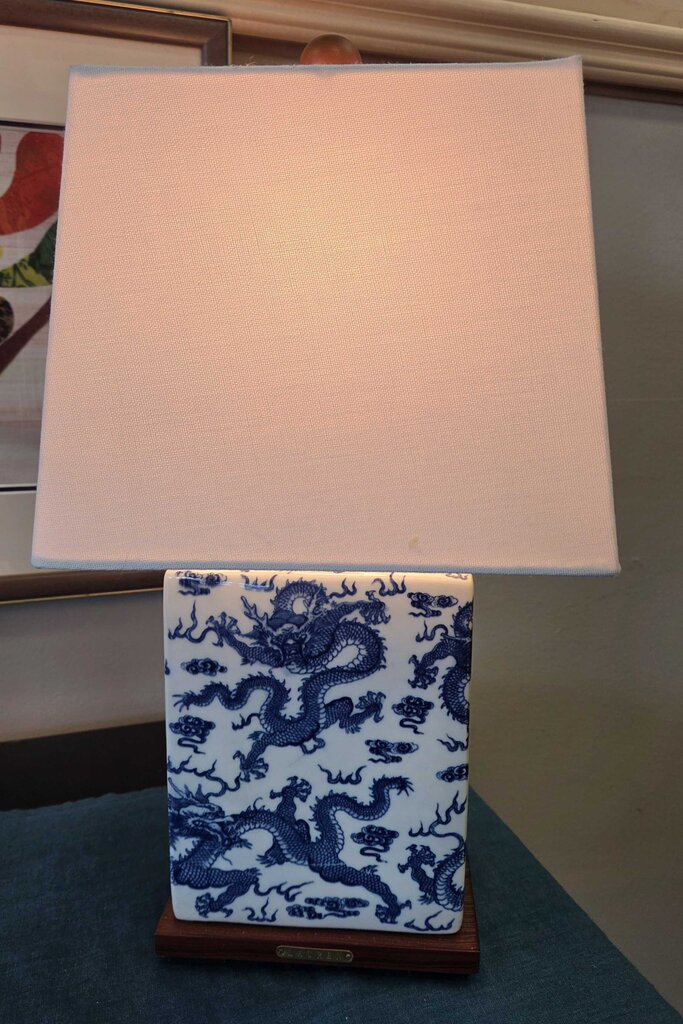 Ralph Lauren Blue & White Chinese Dragon Porcelain Table Lamp with Wood Base and Fabric Shade - 2 Available