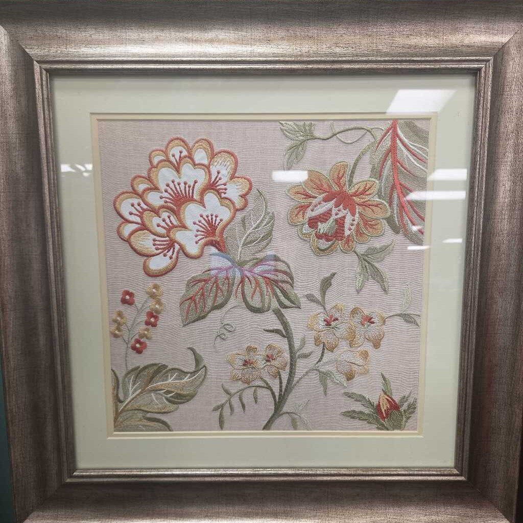 Embroidered Panel Flowers Matted and Framed