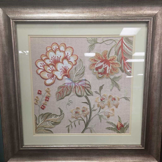 Embroidered Panel Flowers Matted and Framed