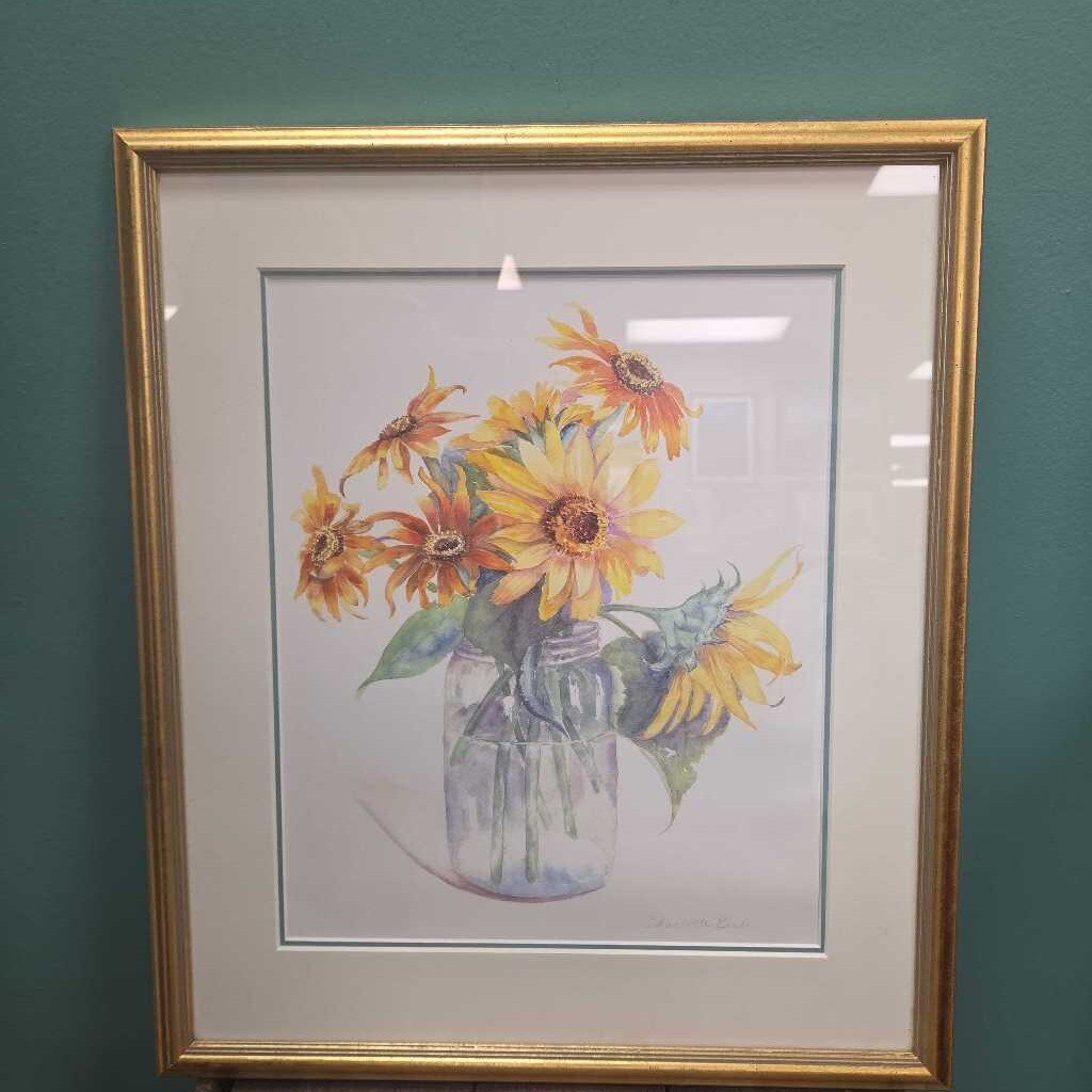 Sunflowers in a Glass Jar - Watercolor Print by Charlotte Beebe