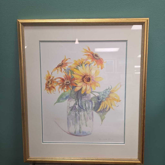 Sunflowers in a Glass Jar - Watercolor Print by Charlotte Beebe