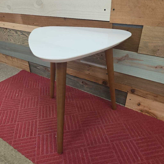 White Triangle End Table with Wooden Tripod Legs