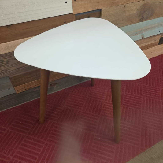 White Triangle End Table with Wooden Tripod Legs