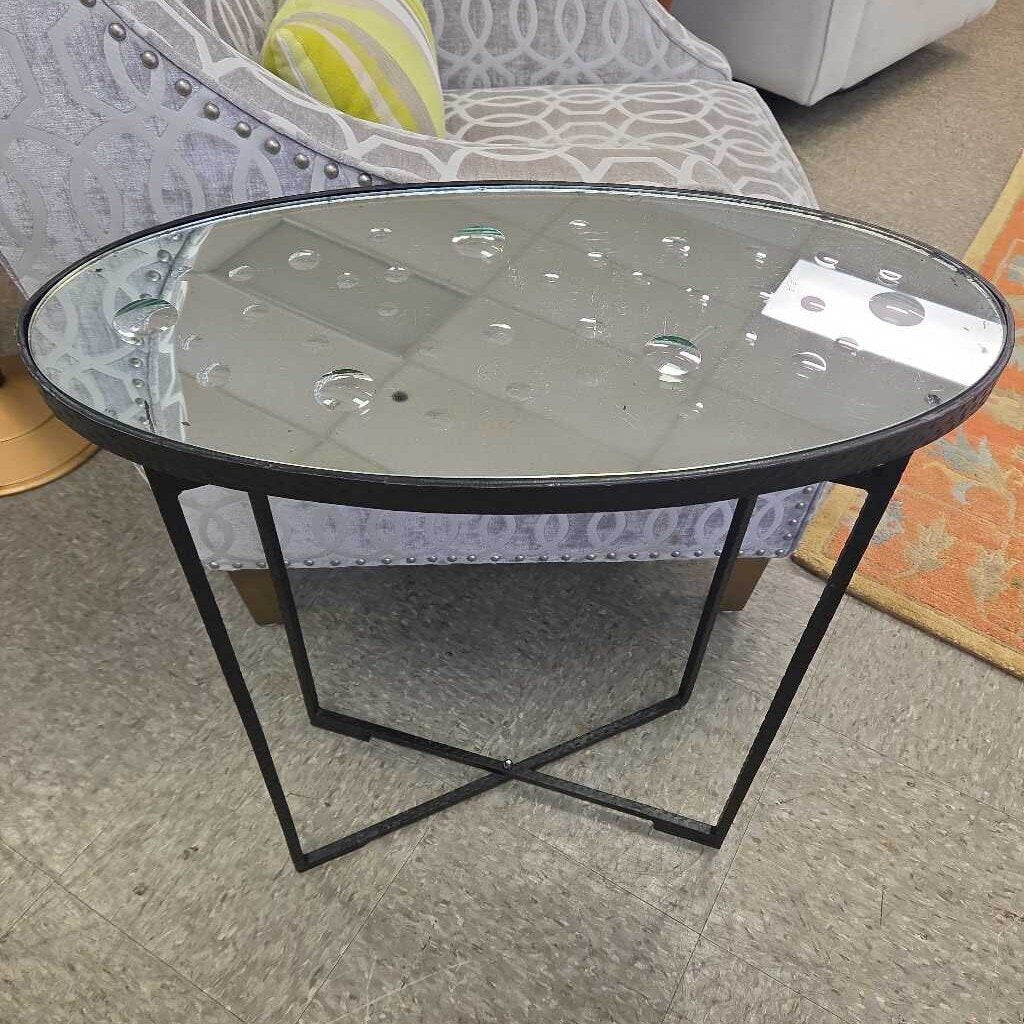 Mid-Century Modern Oval Mirrored Side Table with Iron Base
