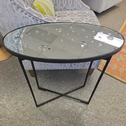 Mid-Century Modern Oval Mirrored Side Table with Iron Base