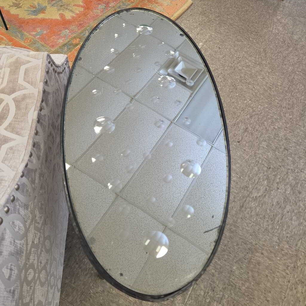 Mid-Century Modern Oval Mirrored Side Table with Iron Base