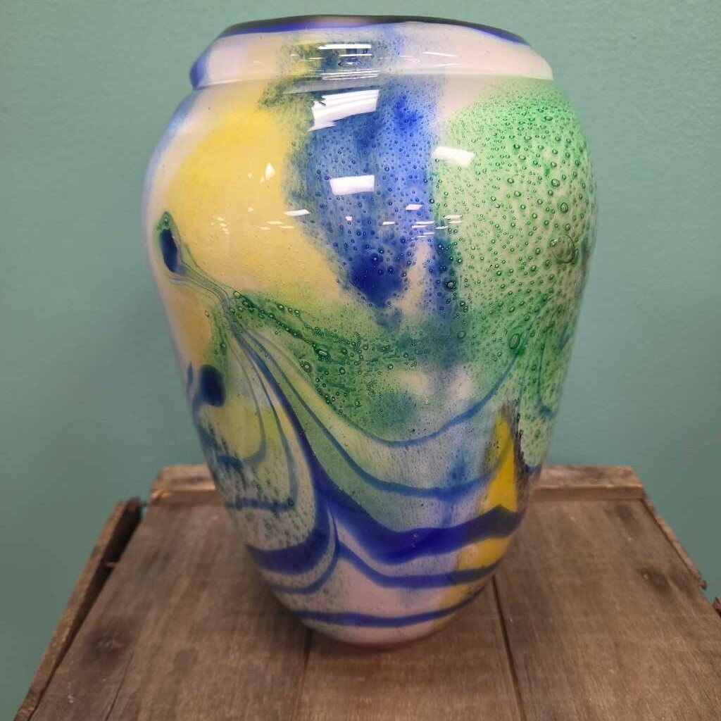 Murano Style Blown Glass Art Vase with Swirl Design and Red Interior