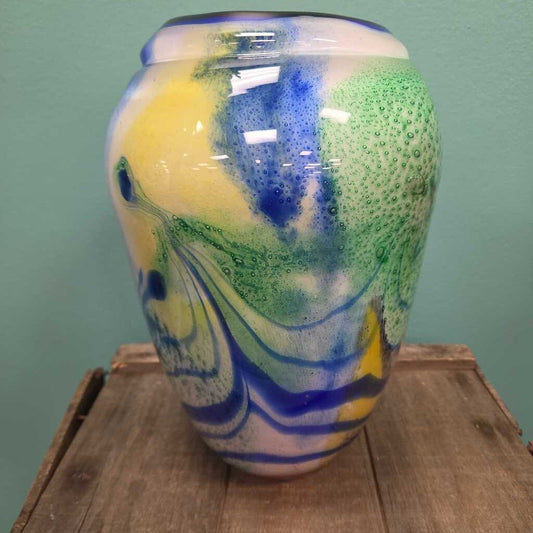 Murano Style Blown Glass Art Vase with Swirl Design and Red Interior