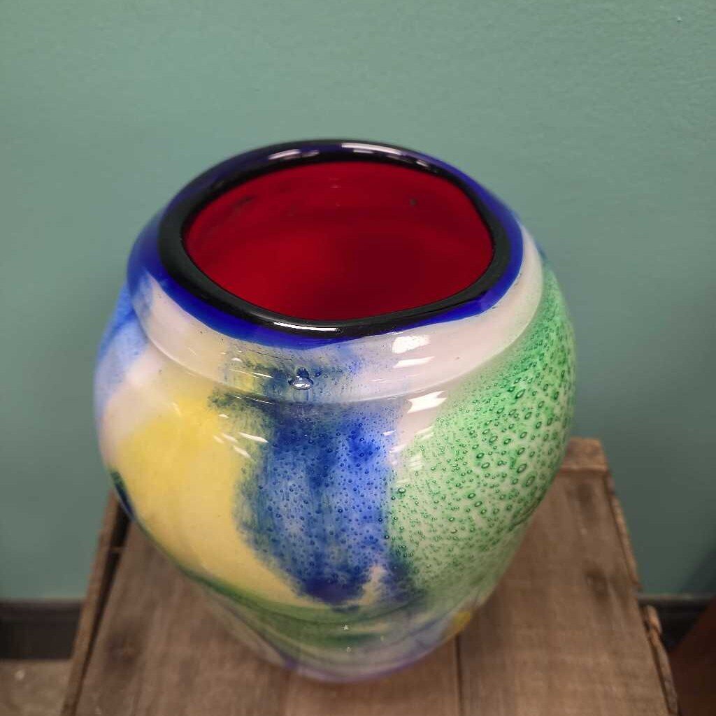 Murano Style Blown Glass Art Vase with Swirl Design and Red Interior