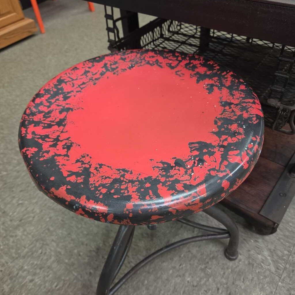 Vintage Industrial Adjustable Metal Stool with Distressed Red Seat - 2 Available