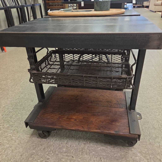 Industrial Style Rolling Console Table with Reclaimed Metal and Wood Frame - 2 Available