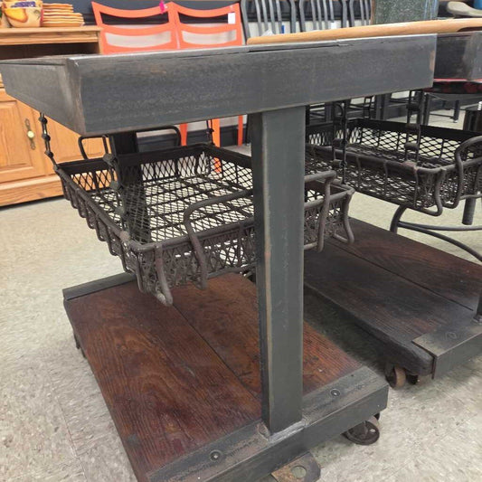 Industrial Style Rolling Console Table with Reclaimed Metal and Wood Frame - 2 Available