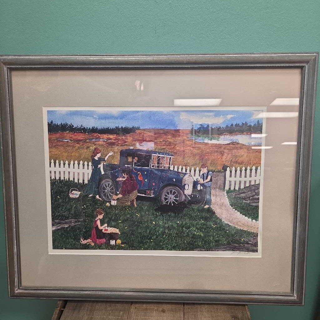 "Working on the Jalopy" Signed Print by Jennifer Cart - Matted and Framed