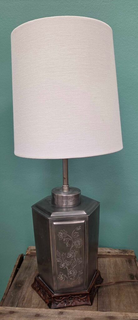 Vintage Pewter Double Pull Tea Caddy Lamp with Etched Floral Motif