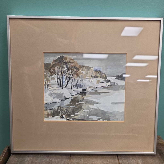 "Winter Scene" - Original Oil on Paper by JSB. - Matted and Framed