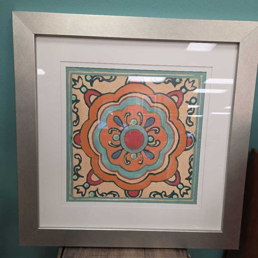 Tile Art with Floral Medallion Print - Matted and Framed