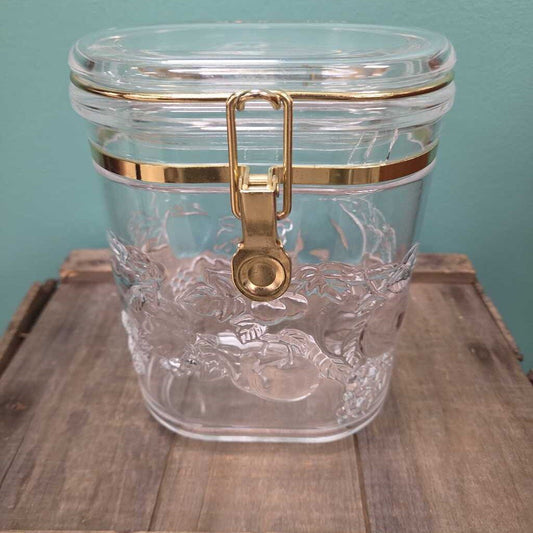 Acrylic Canister with Embossed Fruit Design and Gold Wire Hinge