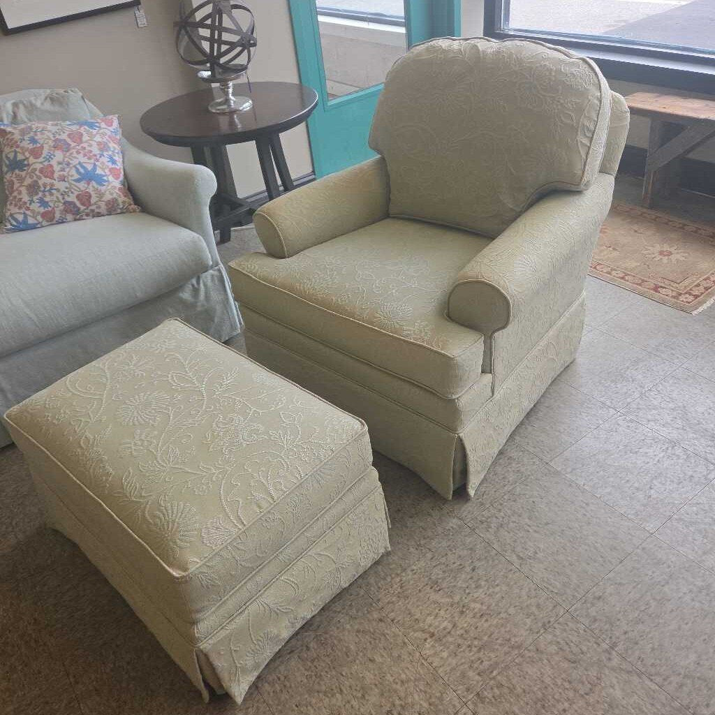 Ethan Allen Skirted Club Chair & Ottoman with Embossed Floral Upholstery